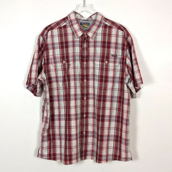 Eddie Bauer Travex Red White Plaid Button Down Shirt Men's XL